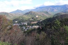 Scenic view of Gatlinburg, Tennessee with mountain backdrop
