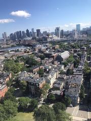 Aerial view of Boston skyline with skyscrapers and waterfront