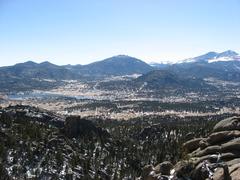 Panoramic view of Estes Park, Colorado from Gem Lake at 9000 feet altitude with mountains and town