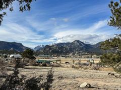 Winter view of Stanley Park in Estes Park, Colorado with snow-covered landscape and mountains in the background