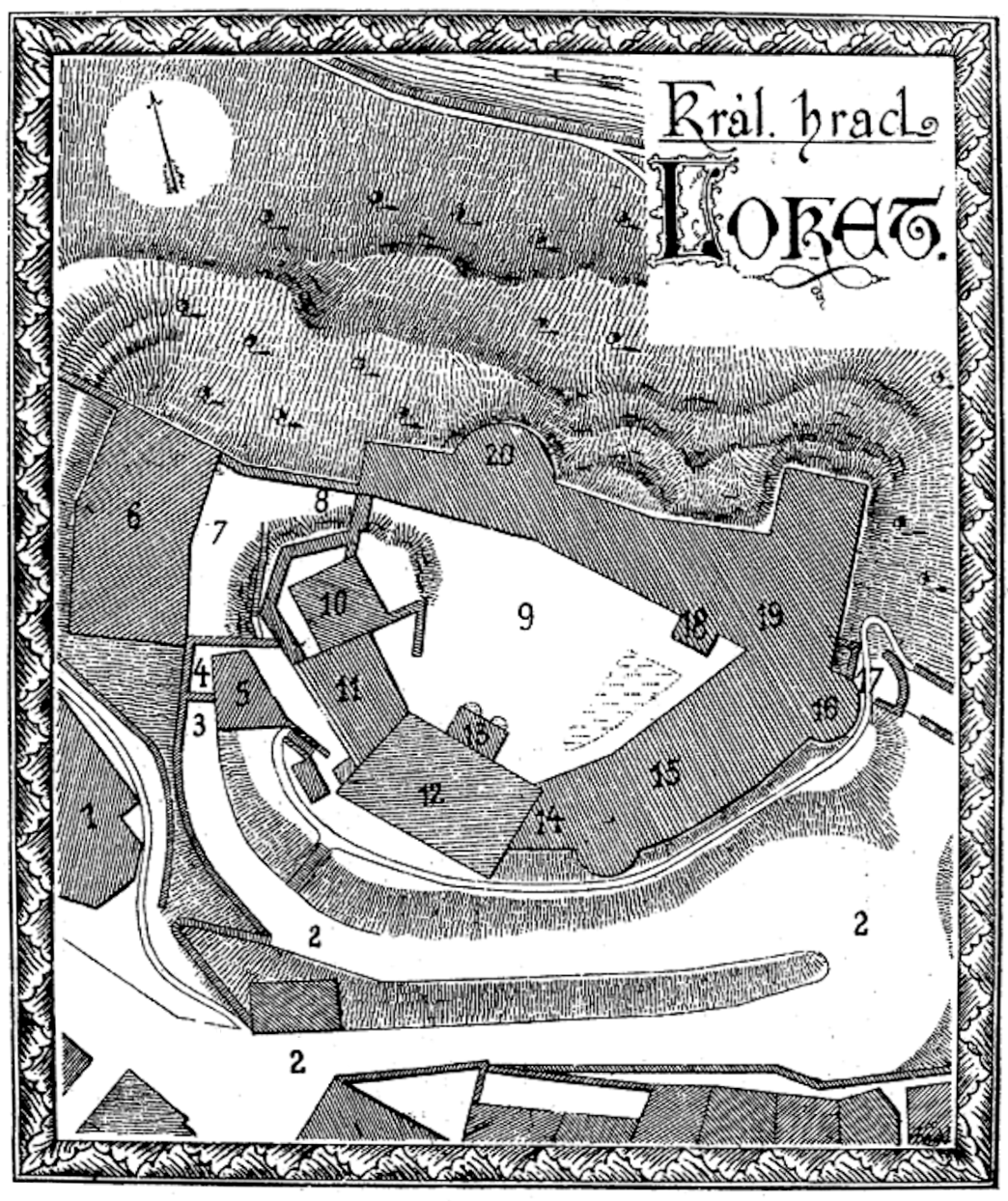 Historical floor plan of Loket Castle from 1891 by Vojtěch Král showing church, gates, towers, courtyards, and various castle buildings