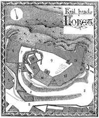 Historical floor plan of Loket Castle from 1891 by Vojtěch Král showing church, gates, towers, courtyards, and various castle buildings