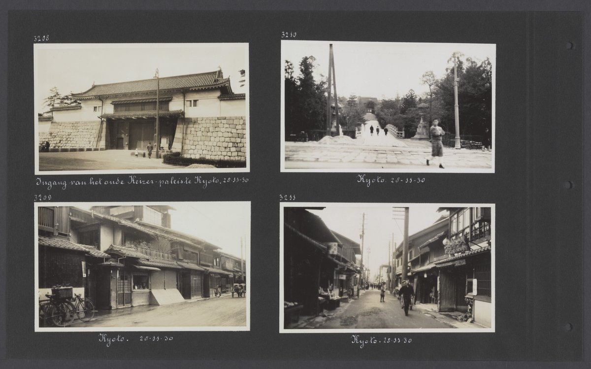 Album page with four black and white photos of Kyoto, Japan, including entrance to the old imperial palace, streets and temple access road