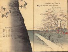 April scene from 1901 Japanese street calendar showing people enjoying cherry blossoms at Koganei Mound