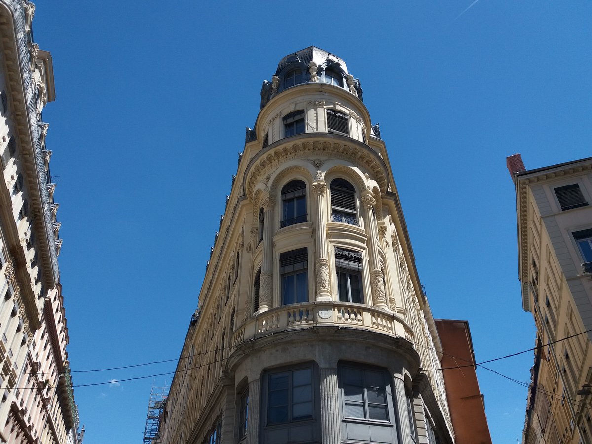 Historic corner building at Rue Childebert and Rue Confort in Lyon, France
