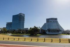 Crown Perth complex with Crown Towers on the left and Crown Metropol on the right, viewed from Burswood Park