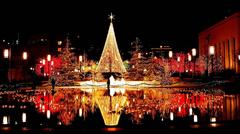 Lisbon city illuminated with Christmas lights at night in Portugal