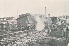 Locomotive derailed by striking railway workers in Alcântara, Lisbon, Portugal in 1914