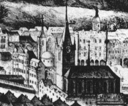 Gothic Church of St. Nicholas and Romanesque Rotunda of St. Wenceslas in Lesser Town Prague, detail from 1606 Prague veduta by Filip van den Bossche
