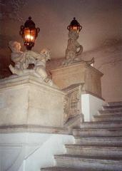 Steep stone stairway with handicap access railing