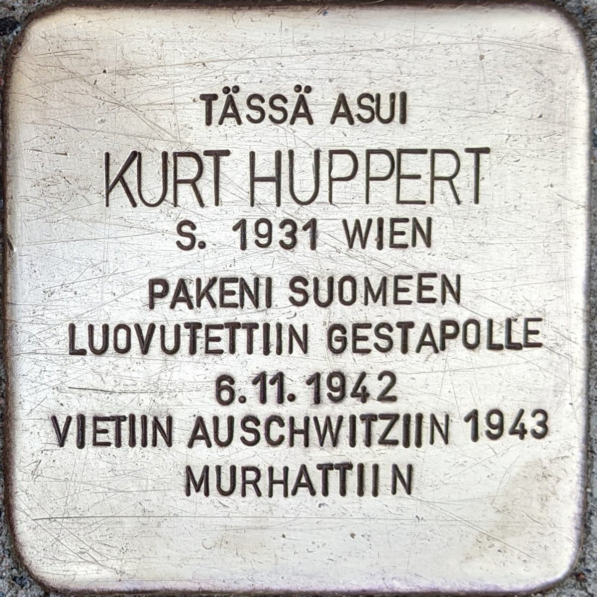 Stolperstein dedicated to Kurt Huppert in Helsinki, Finland