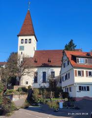 Nikodemuskirche church tower in Botnang with year markings in windows