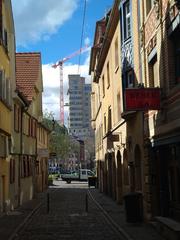 Webergasse street view with Tagblatt Tower in Stuttgart