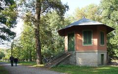 Historic hunting pavilion with enclosed wild boar pen in Stuttgart Schwarzwildpark