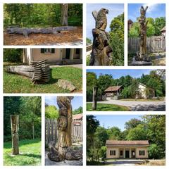Charming forester's house and gamekeeper's lodge surrounded by impressive wooden artworks in Stuttgart