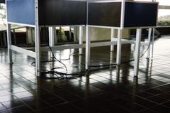 Close-up of table with wires in a building at Cabrillo National Monument