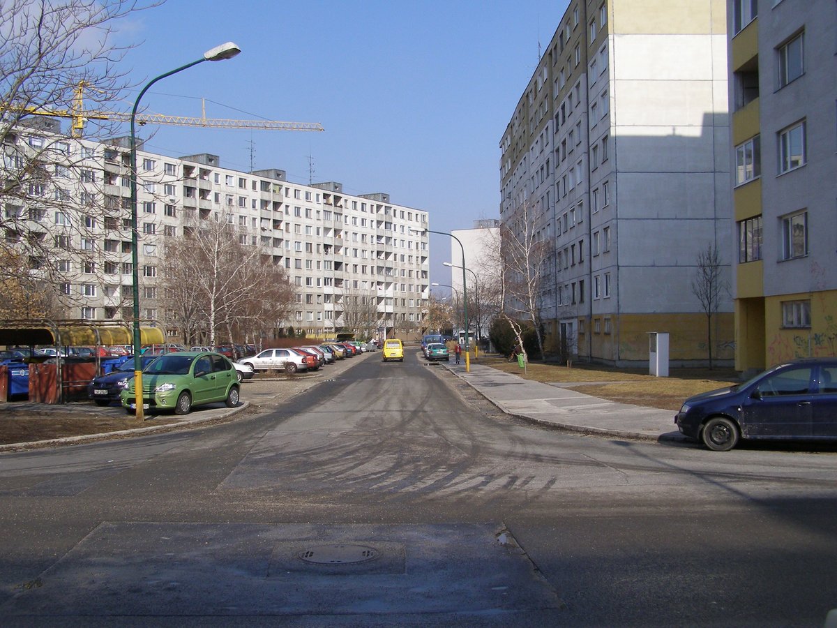 Belinského street in Petržalka district of Bratislava with residential buildings and trees