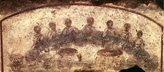 Early Christian painting of a feast in San Callisto Catacomb