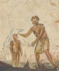 Early Christian painting of a baptism in the Catacomb of Saint Calixte