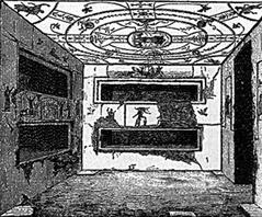 Interior view of a room in the Catacomb of Callistus with ancient Christian frescoes and tomb niches