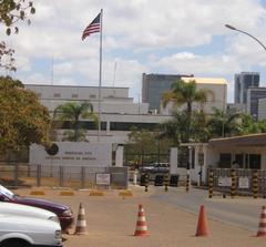 Front entry of the US Embassy in Brasilia Brazil