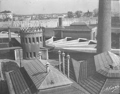 Partial elevated view of Campolide Prison roofs and courtyard in Lisbon Portugal at the time of its inauguration with three clerestories