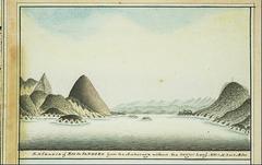 18th century map or illustration of Guanabara Bay with Sugar Loaf mountain visible center-left