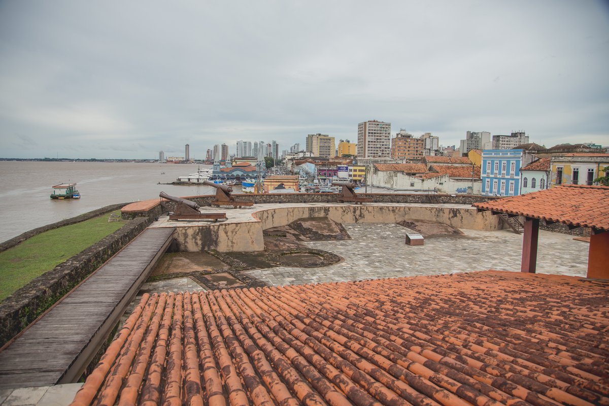 Aerial view of Forte do Presépio in Belém, Pará, Brazil under clear blue sky