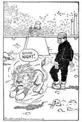 Cartoon showing anxious lion retreating and saying good night to glaring umpire on bone-strewn baseball field while Nero watches
