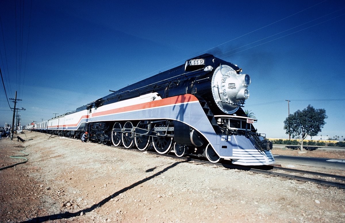 1976 American Freedom Train 4-8-4 steam locomotive passing through Naval Air Station Miramar California