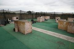 Paintball field at Marine Corps Air Station Miramar with World War II Jeeps and wooden bunkers simulating urban warfare