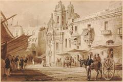 Historic view of Strada Marina (Liesse Hill) in Malta with awnings, figures sheltering from sun, horse and wagon, Liesse Church tower and dome, and Grand Master's Belvedere in background
