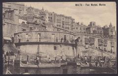 Old Valletta Fish Market in the 1920s shown in a vintage postcard