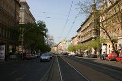 Aerial view of Nagykörút street looking towards Oktogon in Budapest, Hungary
