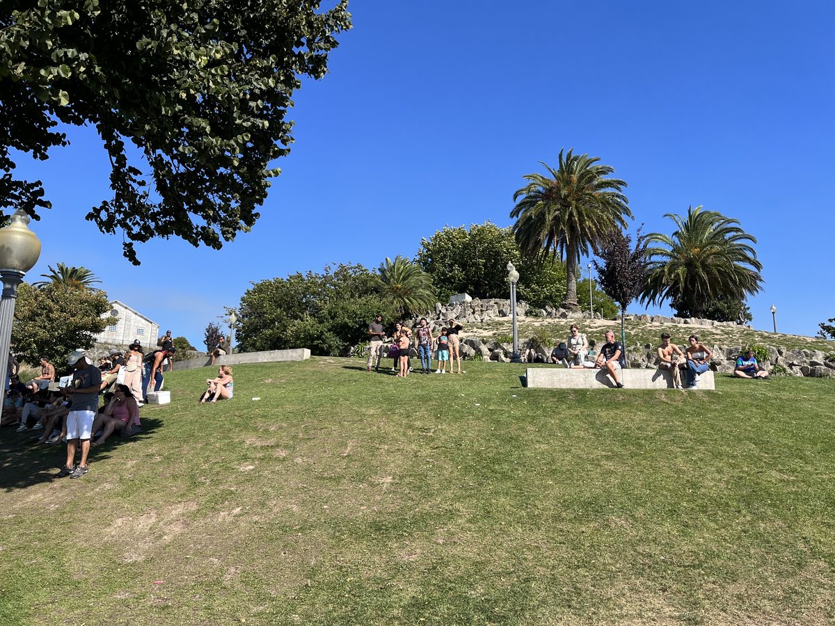 Scenic view of Jardim do Morro park with lush greenery and benches under a clear sky