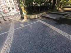 Portuguese pavement in Porto with intricate black and white stone patterns