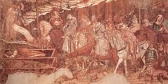 Detail of Triumph of Death fresco by Francesco Traini depicting a grim reaper and skeletal figures