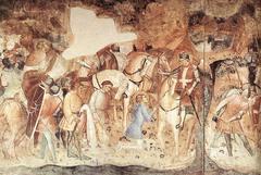 Medieval fresco depicting a battle scene with numerous soldiers on horseback and on foot