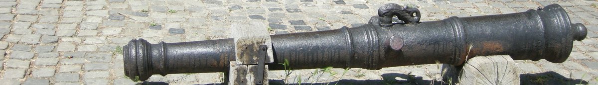 Historic Buda banner Long cannon mounted on a wooden platform