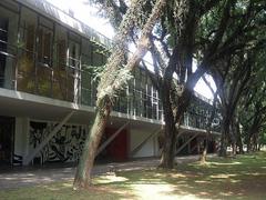 Exterior view of Museu Afro Brasil with modern architecture and palm trees in Parque do Ibirapuera, São Paulo