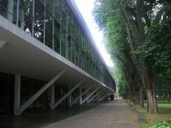 Front view of Museu Afro Brasil building with greenery and trees in Parque do Ibirapuera, São Paulo