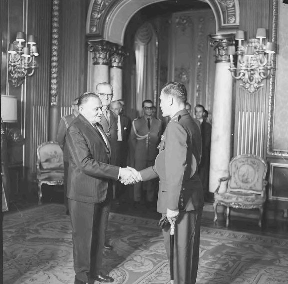 President Humberto de Alencar Castelo Branco receiving Minister of War Artur da Costa e Silva presenting new generals at Palácio Laranjeiras Rio de Janeiro