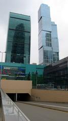 Moscow International Business Center skyline with modern skyscrapers under blue sky