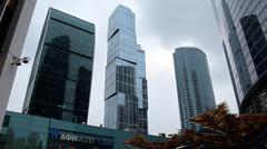 Moscow International Business Center skyline with modern skyscrapers and construction cranes