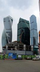 Moscow International Business Center skyline with modern skyscrapers under a blue sky