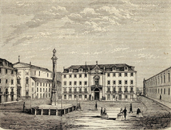 View of Praça do Município in Lisbon with the historic City Hall as it appeared in 1863 before fire destruction