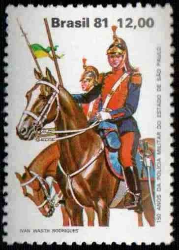 Vintage Brazilian stamp featuring mounted police officer on horseback from 1981