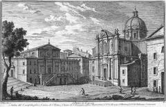 Historical illustration of Rome featuring steps to Campidoglio and ancient churches including S. Pietro in Carcere, S. Giuseppe dei Falegnami, and S. Adriano