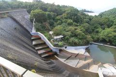 Dam of Ho Pui Reservoir in Hong Kong surrounded by lush greenery