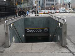 Northeast entrance to Osgoode subway station in Toronto with a red TTC logo